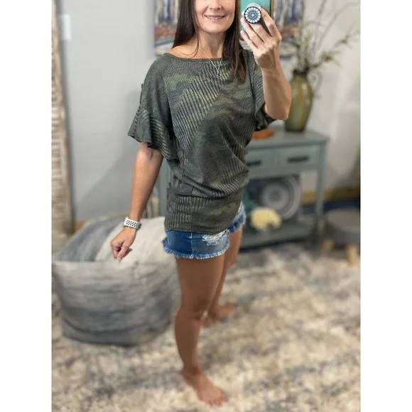 Camouflage Ribbed Ruffle Off Shoulder Dolman Top Green 0919 - Picture 3 of 12